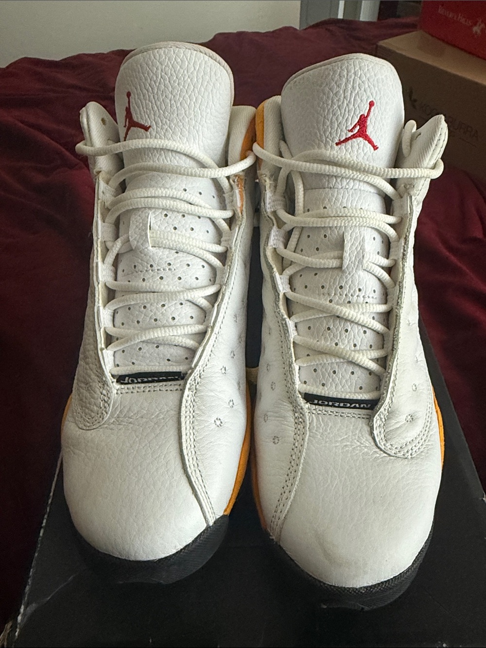 Jordan White Sneakers with Red Logo and Orange Accents, size: 7Y